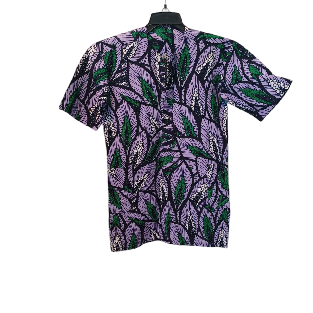 Ankara Leaf Patterned Purple and Green Boy's Shirt - Wax Block Print 6369